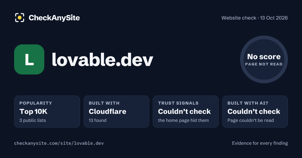 lovable.dev on CheckAnySite: AI traces couldn’t check, popularity Top 10K, no score.