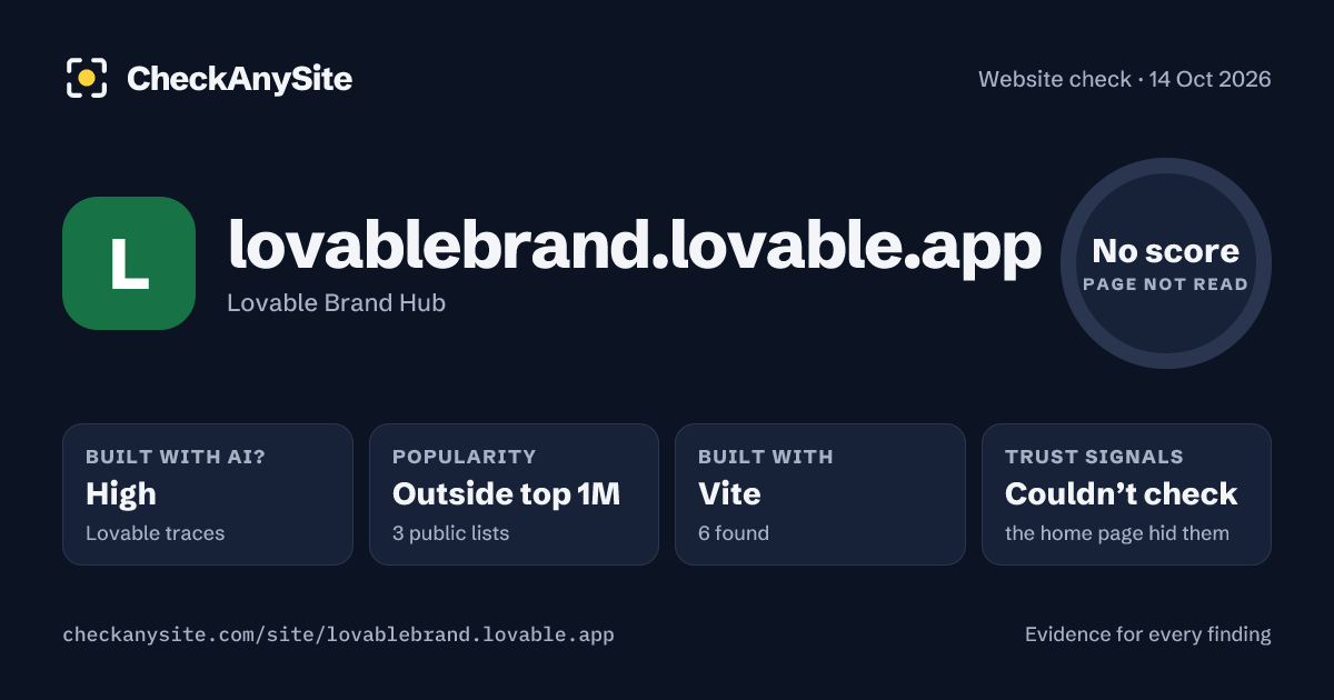 lovablebrand.lovable.app on CheckAnySite: AI traces high, popularity Outside top 1M, no score.