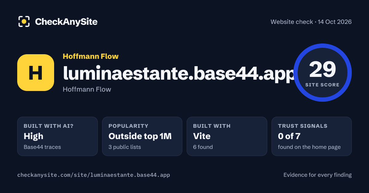 luminaestante.base44.app on CheckAnySite: AI traces high, popularity Outside top 1M, site score 29 of 100.