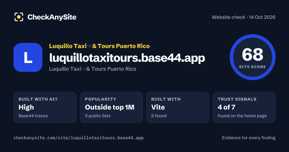 luquillotaxitours.base44.app on CheckAnySite: AI traces high, popularity Outside top 1M, site score 68 of 100.