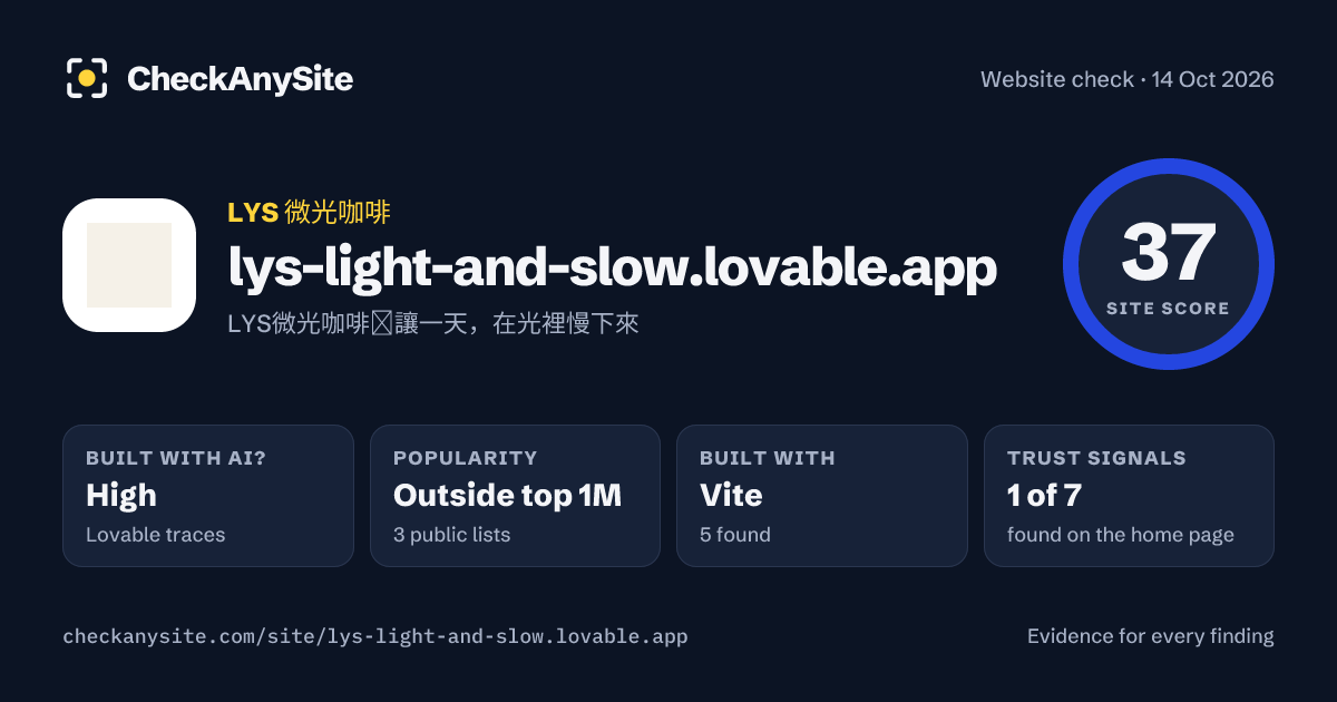 lys-light-and-slow.lovable.app on CheckAnySite: AI traces high, popularity Outside top 1M, site score 37 of 100.