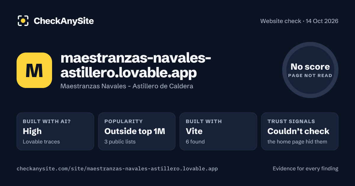 maestranzas-navales-astillero.lovable.app on CheckAnySite: AI traces high, popularity Outside top 1M, no score.