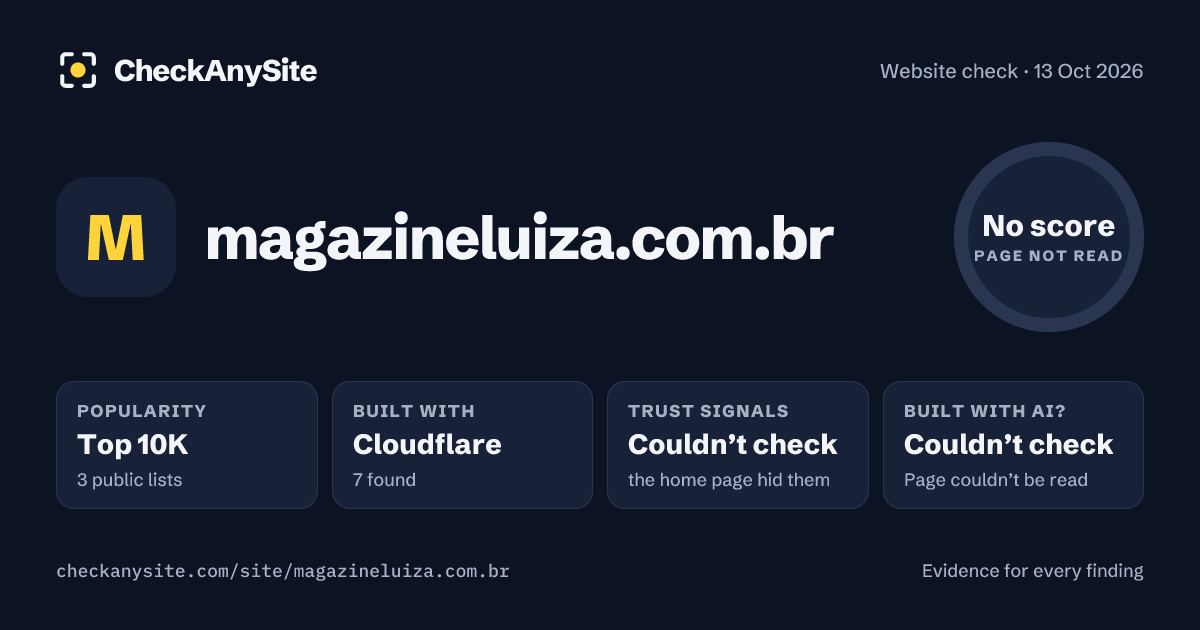 magazineluiza.com.br on CheckAnySite: AI traces couldn’t check, popularity Top 10K, no score.