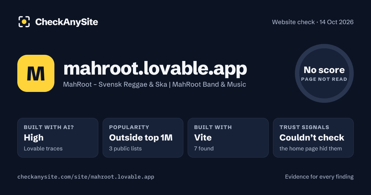 mahroot.lovable.app on CheckAnySite: AI traces high, popularity Outside top 1M, no score.
