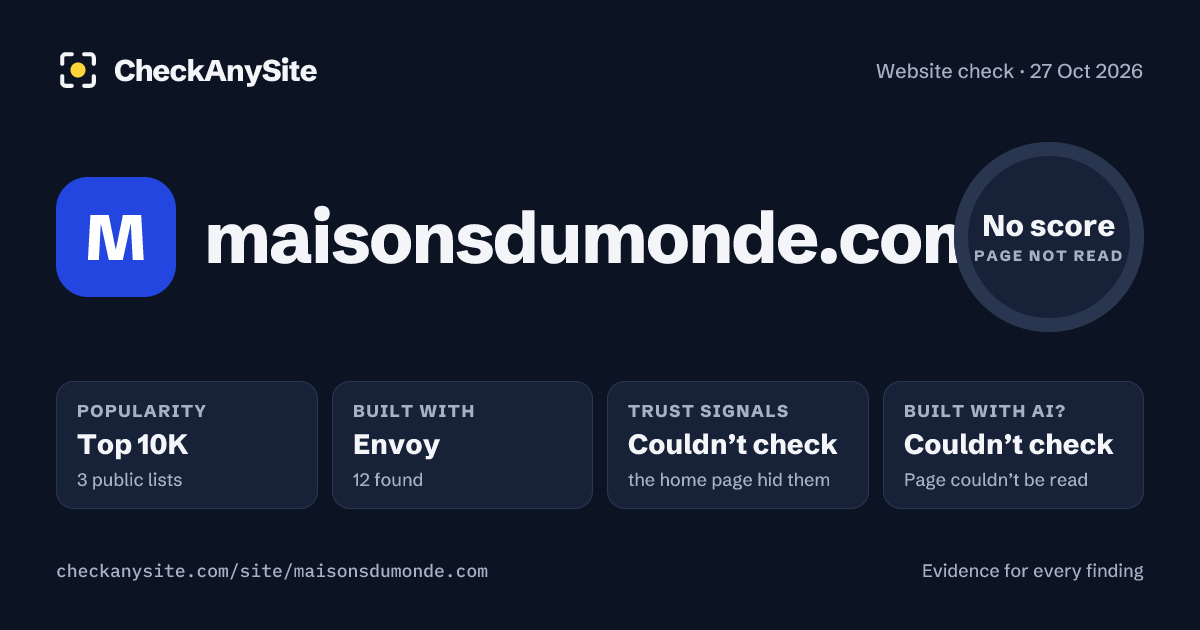 maisonsdumonde.com on CheckAnySite: AI traces couldn’t check, popularity Top 10K, no score.