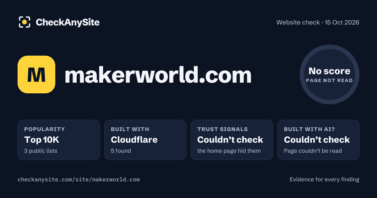 makerworld.com on CheckAnySite: AI traces couldn’t check, popularity Top 10K, no score.