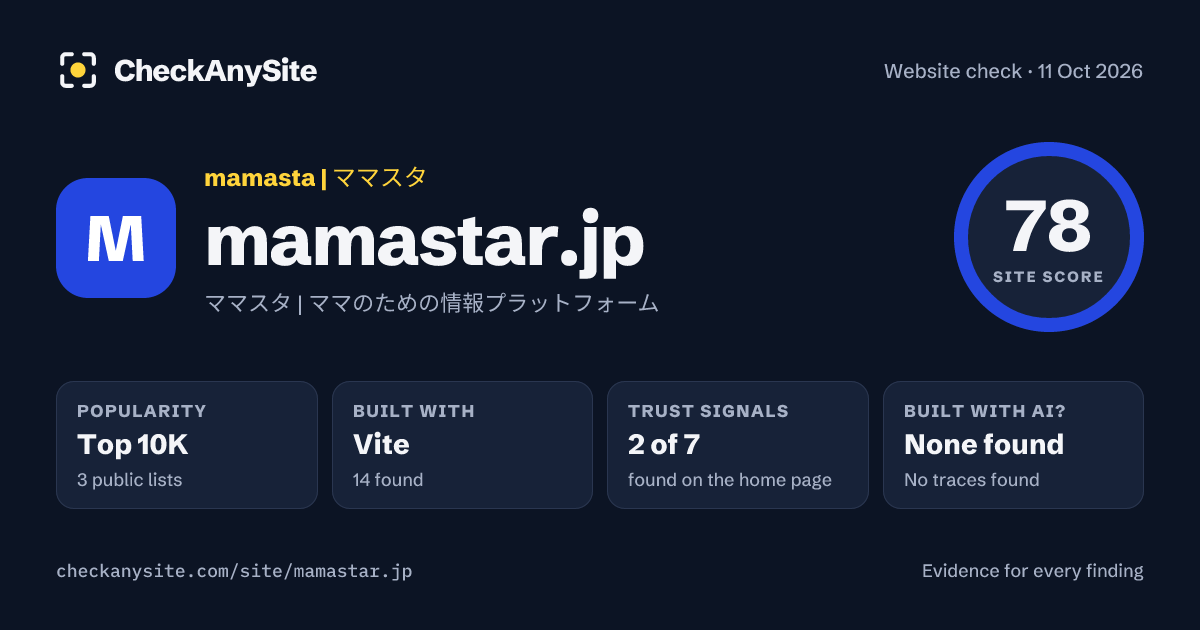 mamastar.jp on CheckAnySite: AI traces none found, popularity Top 10K, site score 78 of 100.