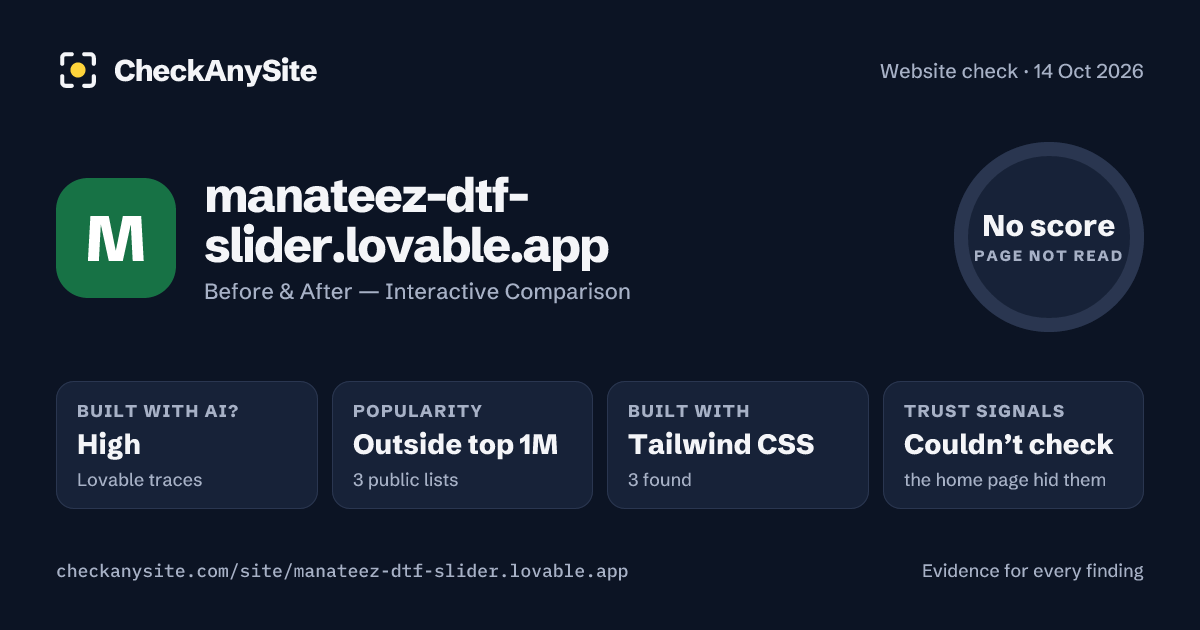 manateez-dtf-slider.lovable.app on CheckAnySite: AI traces high, popularity Outside top 1M, no score.
