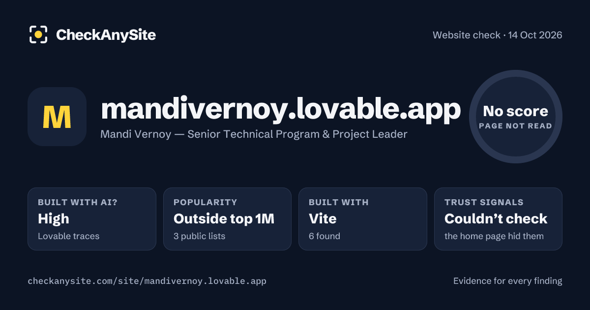 mandivernoy.lovable.app on CheckAnySite: AI traces high, popularity Outside top 1M, no score.
