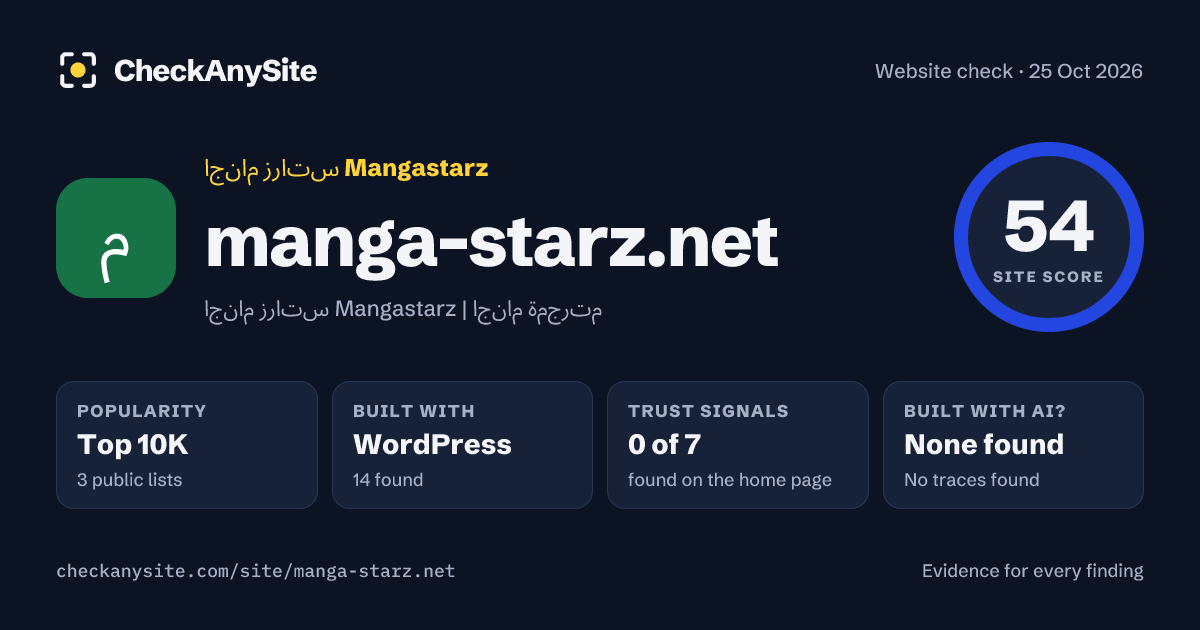 manga-starz.net on CheckAnySite: AI traces none found, popularity Top 10K, site score 54 of 100.