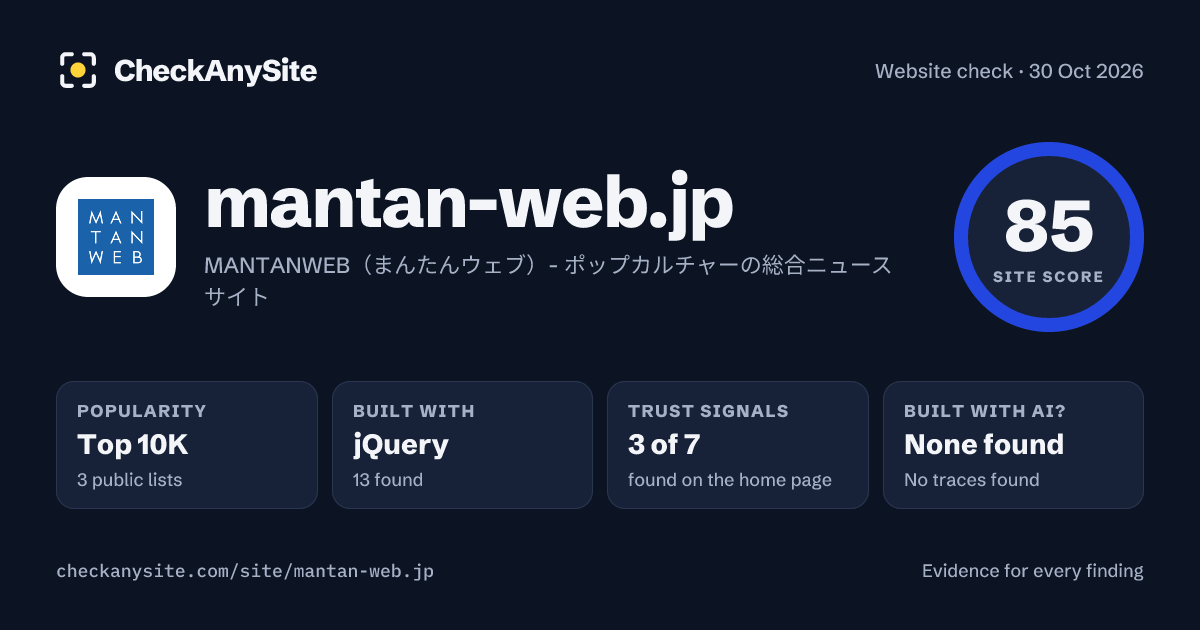 mantan-web.jp on CheckAnySite: AI traces none found, popularity Top 10K, site score 85 of 100.