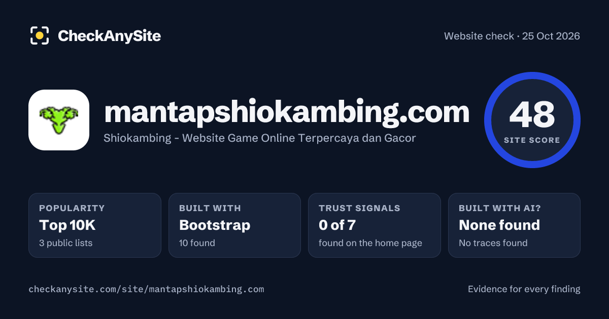 mantapshiokambing.com on CheckAnySite: AI traces none found, popularity Top 10K, site score 48 of 100.