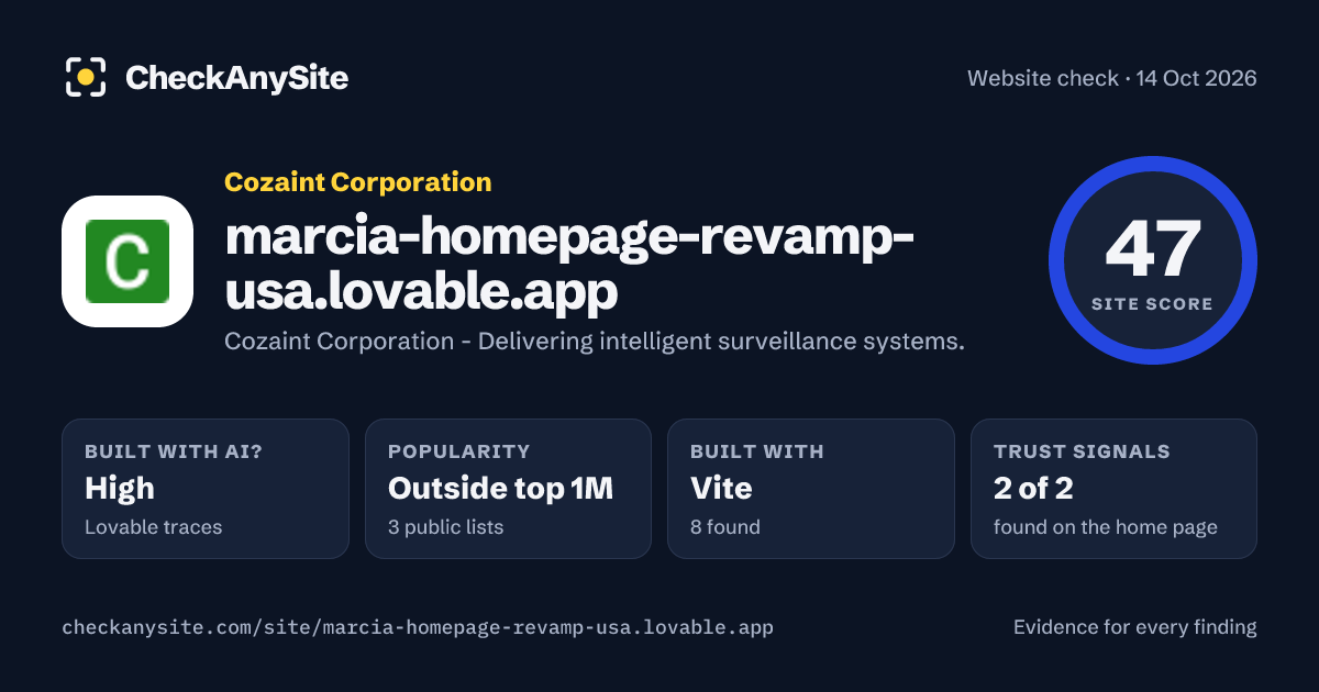 marcia-homepage-revamp-usa.lovable.app on CheckAnySite: AI traces high, popularity Outside top 1M, site score 47 of 100.