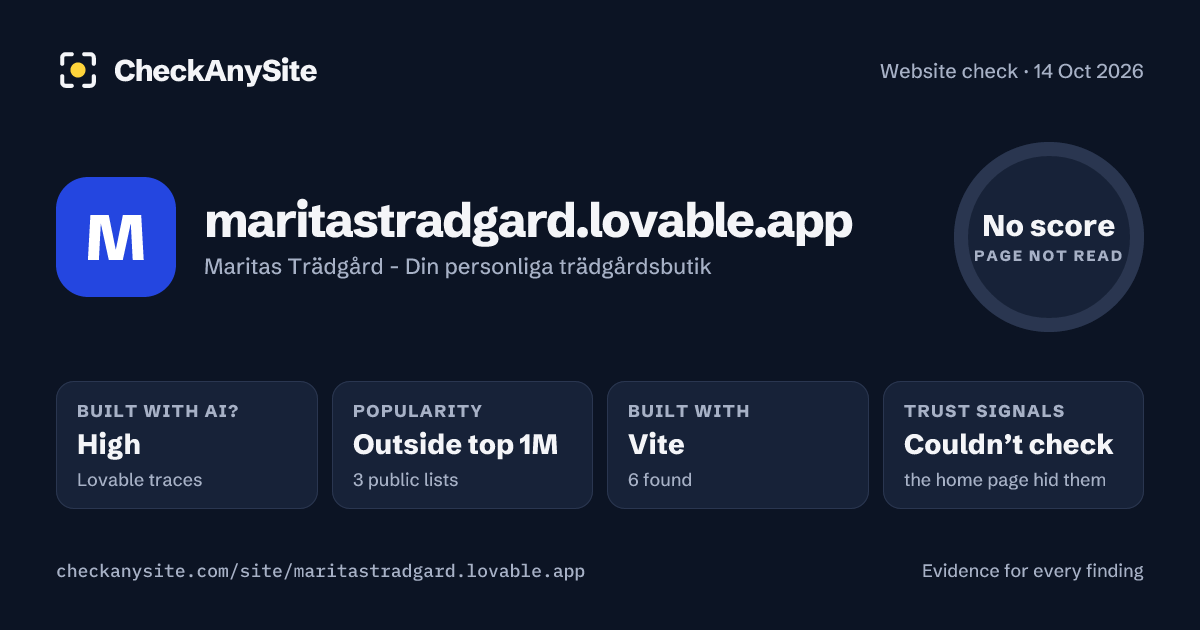 maritastradgard.lovable.app on CheckAnySite: AI traces high, popularity Outside top 1M, no score.