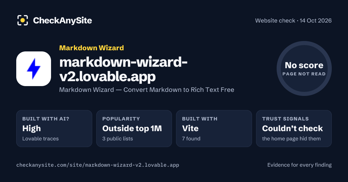 markdown-wizard-v2.lovable.app on CheckAnySite: AI traces high, popularity Outside top 1M, no score.