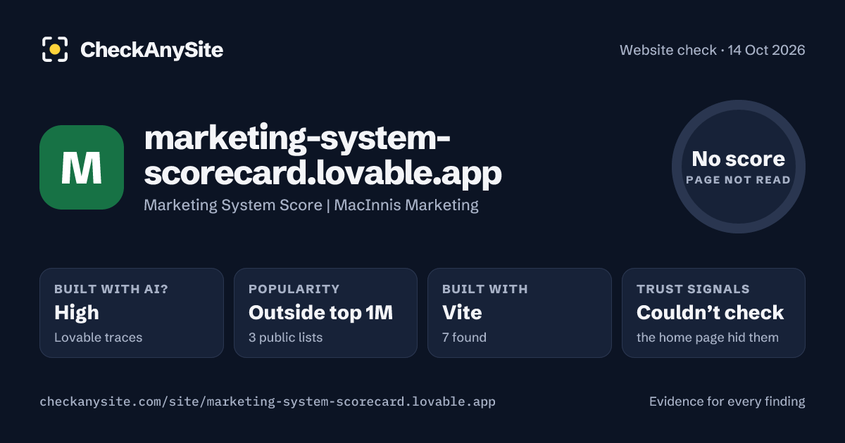 marketing-system-scorecard.lovable.app on CheckAnySite: AI traces high, popularity Outside top 1M, no score.