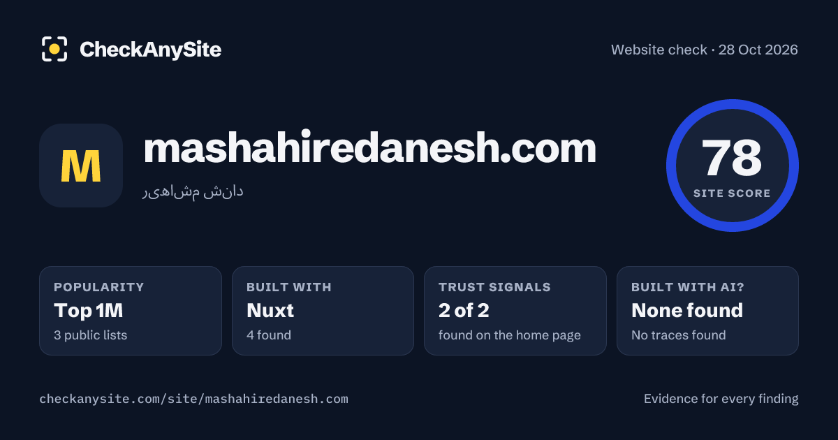 mashahiredanesh.com on CheckAnySite: AI traces none found, popularity Top 1M, site score 78 of 100.