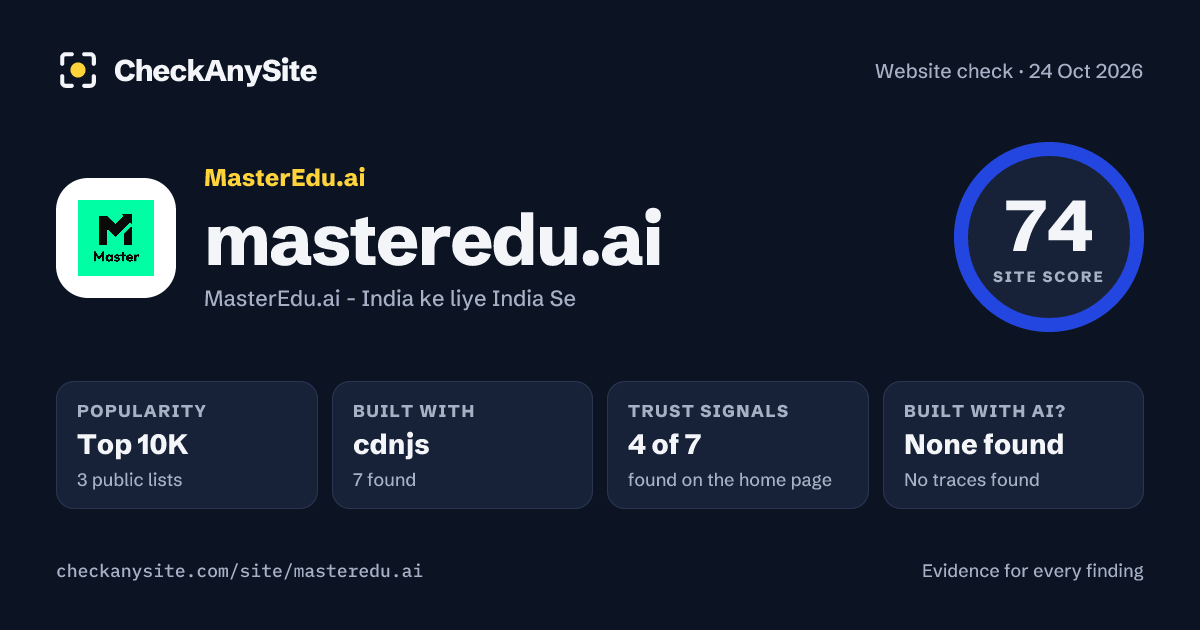 masteredu.ai on CheckAnySite: AI traces none found, popularity Top 10K, site score 74 of 100.