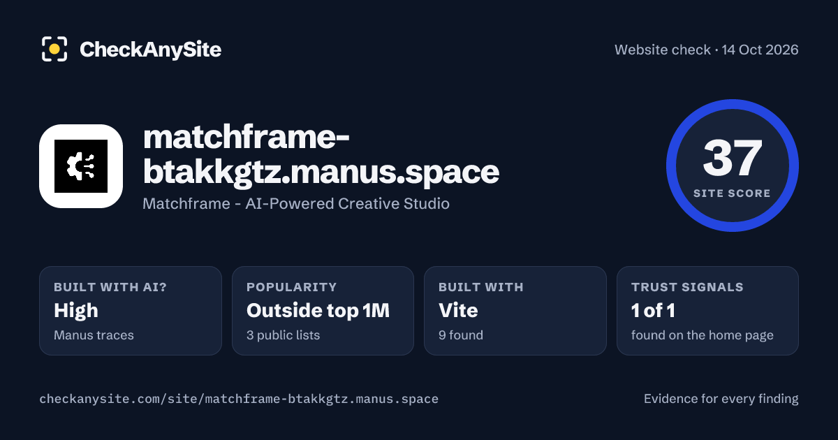 matchframe-btakkgtz.manus.space on CheckAnySite: AI traces high, popularity Outside top 1M, site score 37 of 100.