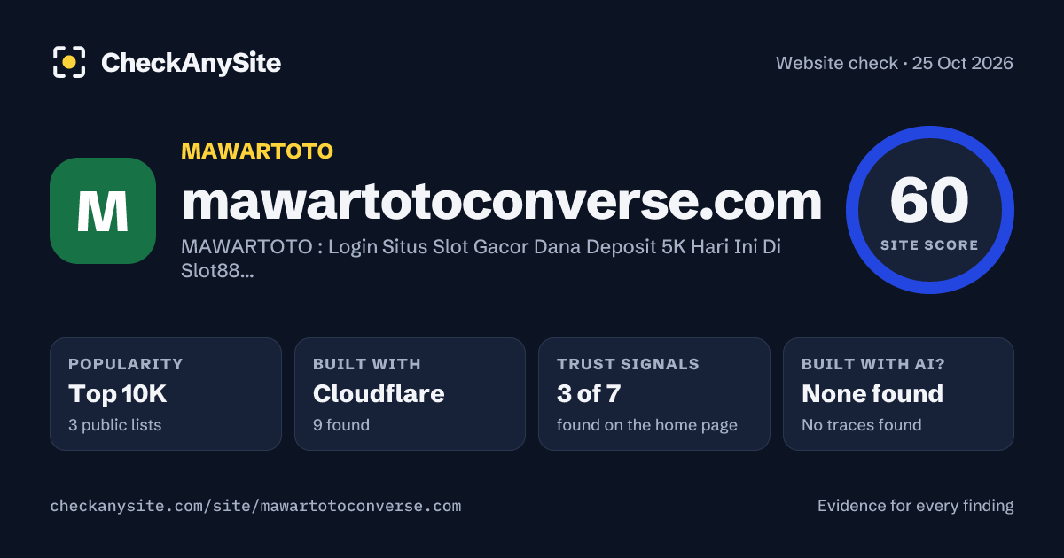 mawartotoconverse.com on CheckAnySite: AI traces none found, popularity Top 10K, site score 60 of 100.