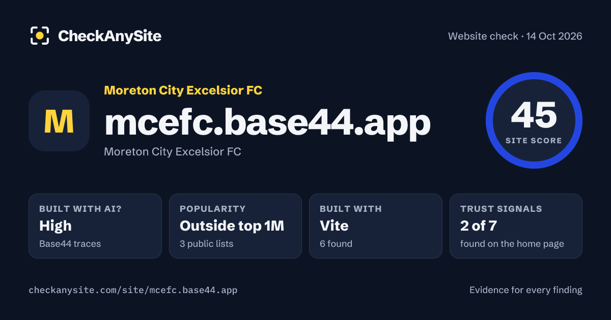mcefc.base44.app on CheckAnySite: AI traces high, popularity Outside top 1M, site score 45 of 100.