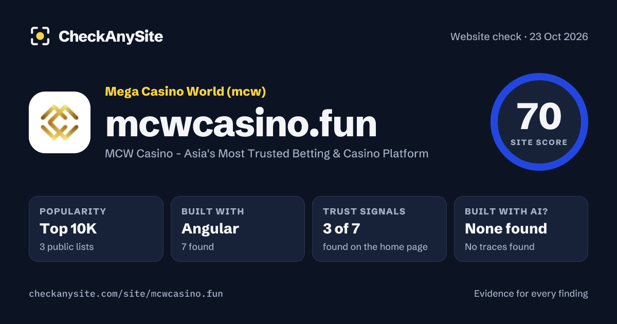 mcwcasino.fun on CheckAnySite: AI traces none found, popularity Top 10K, site score 70 of 100.