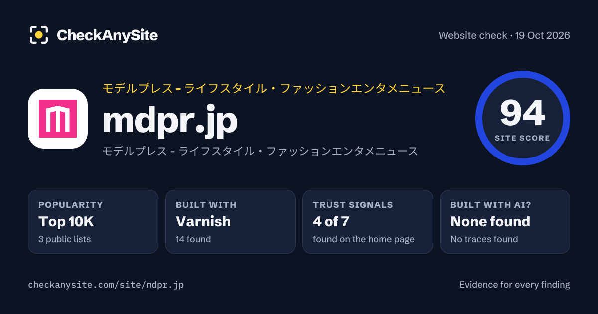 mdpr.jp on CheckAnySite: AI traces none found, popularity Top 10K, site score 94 of 100.