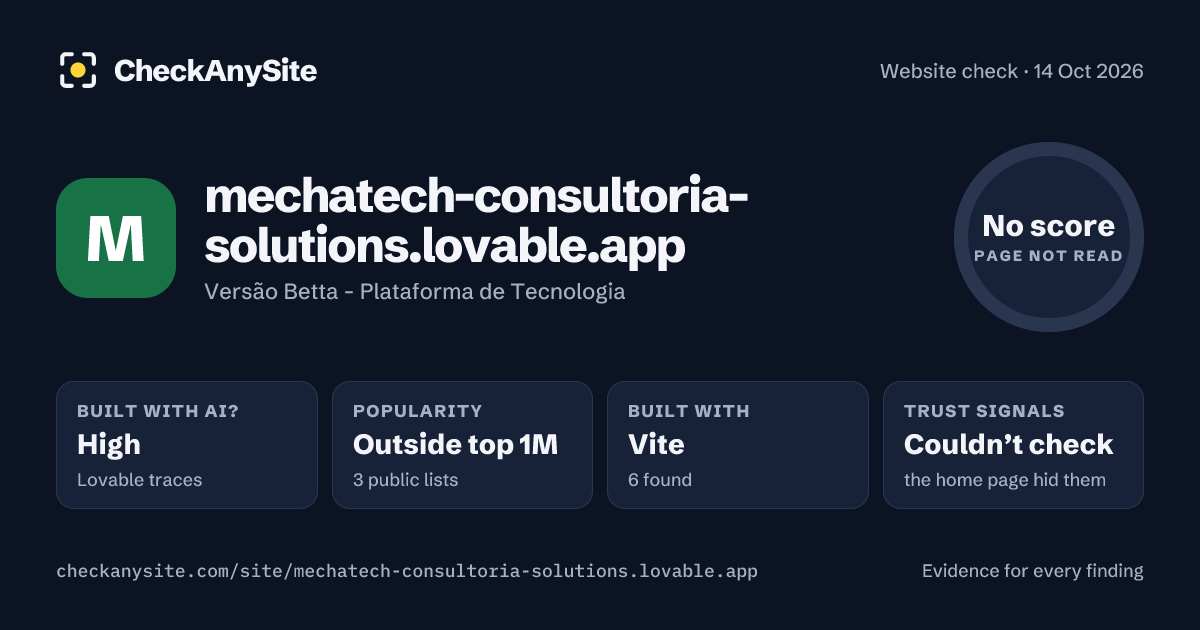 mechatech-consultoria-solutions.lovable.app on CheckAnySite: AI traces high, popularity Outside top 1M, no score.