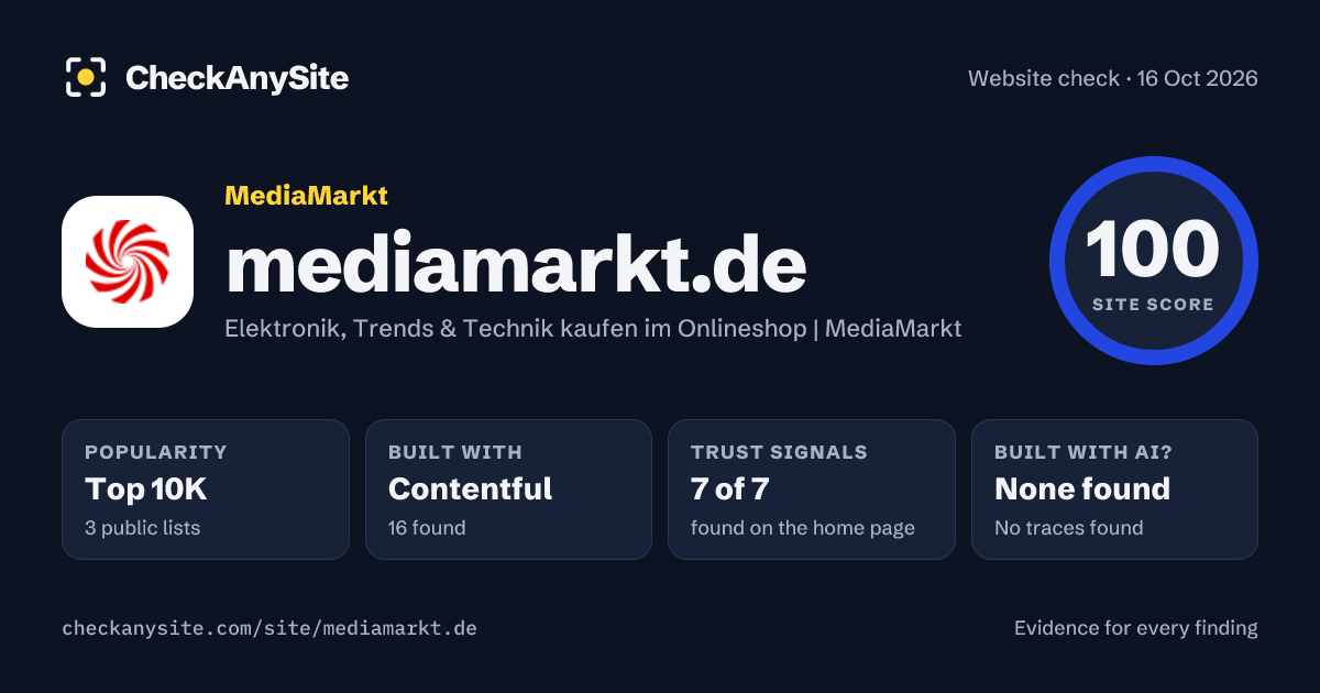 mediamarkt.de on CheckAnySite: AI traces none found, popularity Top 10K, site score 100 of 100.