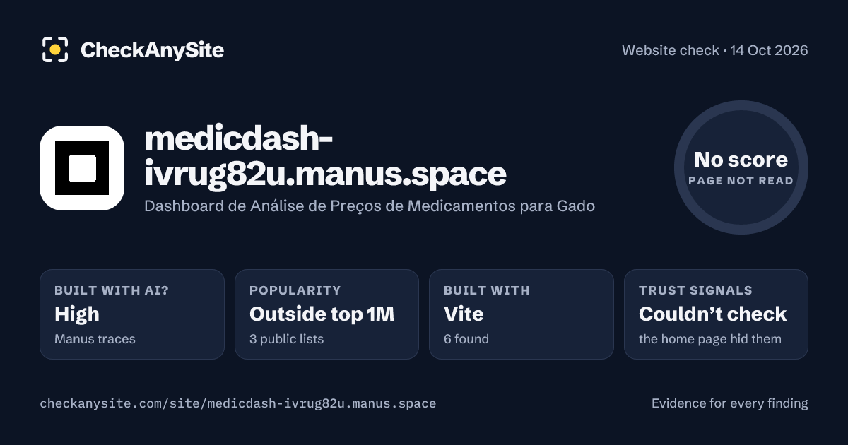 medicdash-ivrug82u.manus.space on CheckAnySite: AI traces high, popularity Outside top 1M, no score.