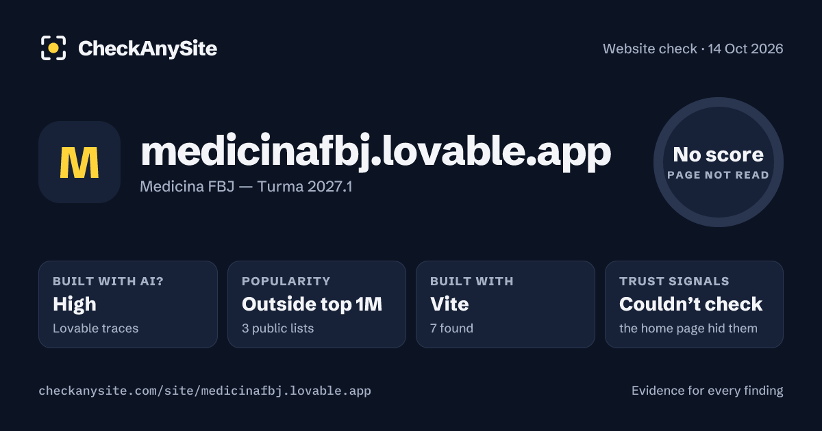 medicinafbj.lovable.app on CheckAnySite: AI traces high, popularity Outside top 1M, no score.
