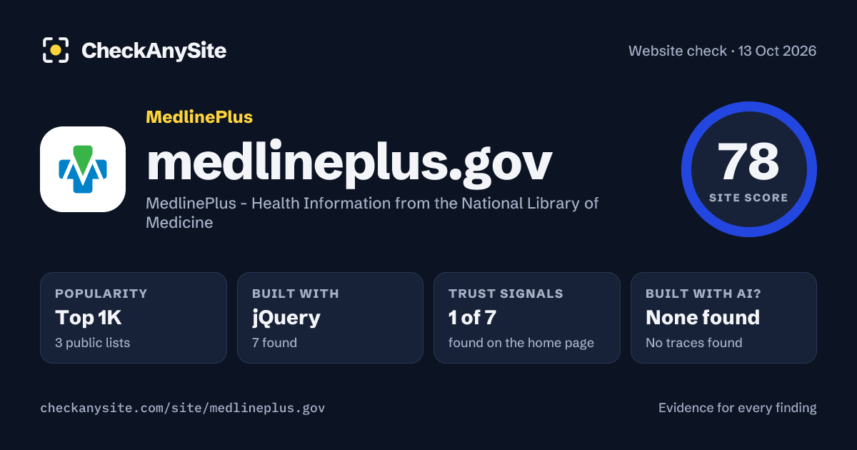 medlineplus.gov on CheckAnySite: AI traces none found, popularity Top 1K, site score 78 of 100.