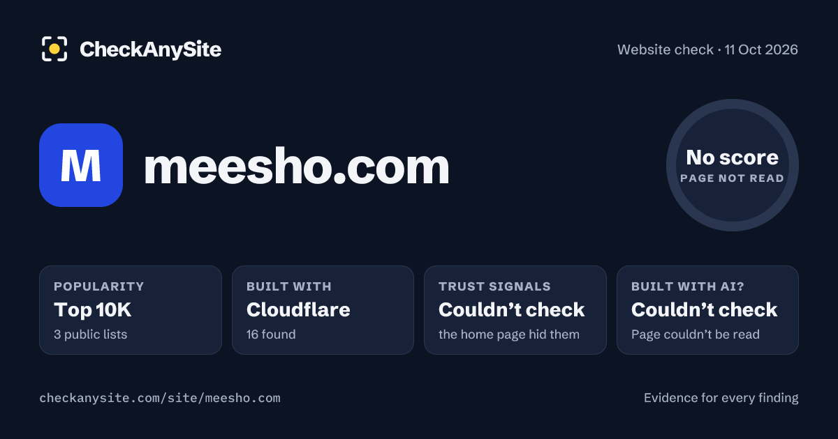 meesho.com on CheckAnySite: AI traces couldn’t check, popularity Top 10K, no score.
