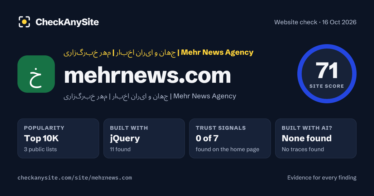 mehrnews.com on CheckAnySite: AI traces none found, popularity Top 10K, site score 71 of 100.