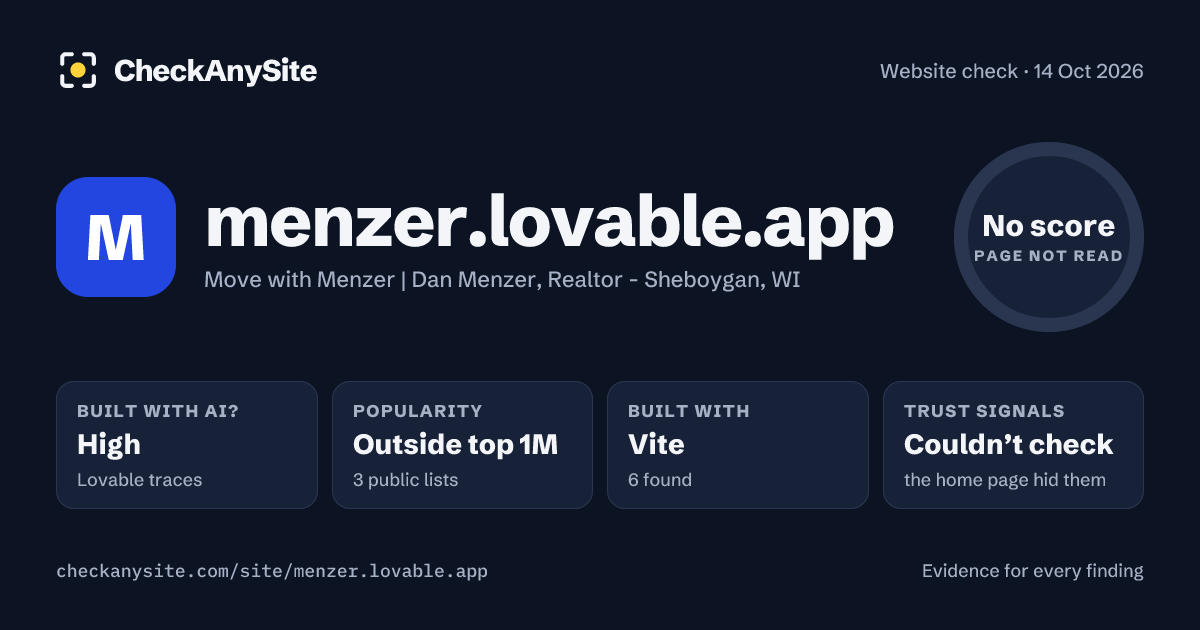 menzer.lovable.app on CheckAnySite: AI traces high, popularity Outside top 1M, no score.