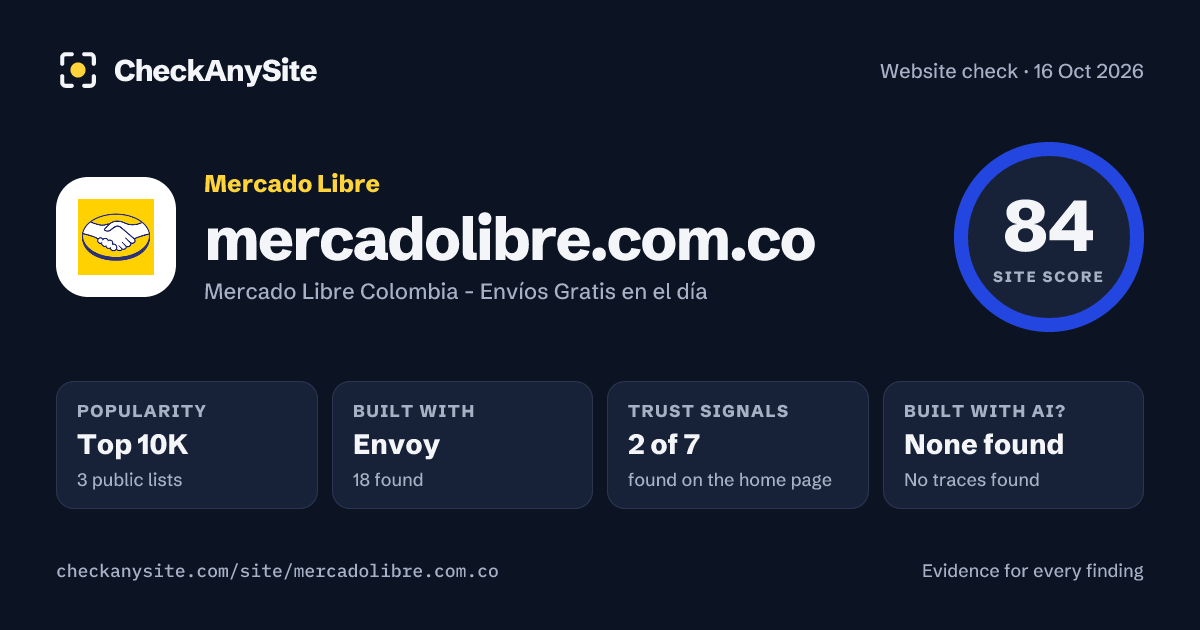mercadolibre.com.co on CheckAnySite: AI traces none found, popularity Top 10K, site score 84 of 100.