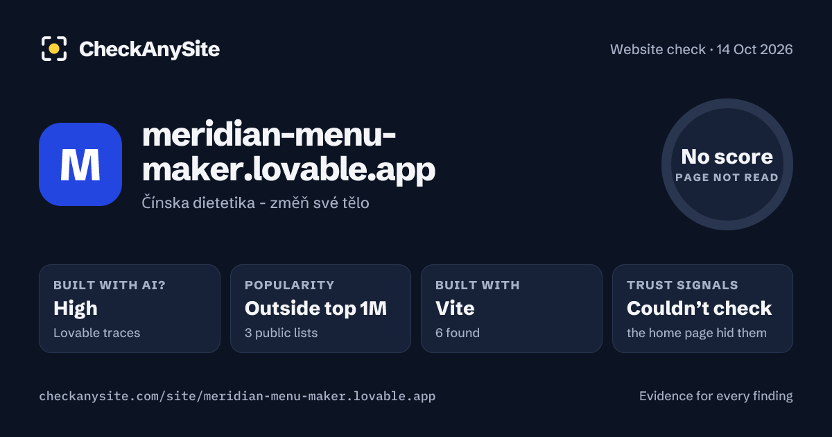 meridian-menu-maker.lovable.app on CheckAnySite: AI traces high, popularity Outside top 1M, no score.
