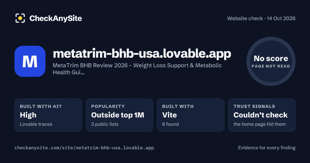 metatrim-bhb-usa.lovable.app on CheckAnySite: AI traces high, popularity Outside top 1M, no score.