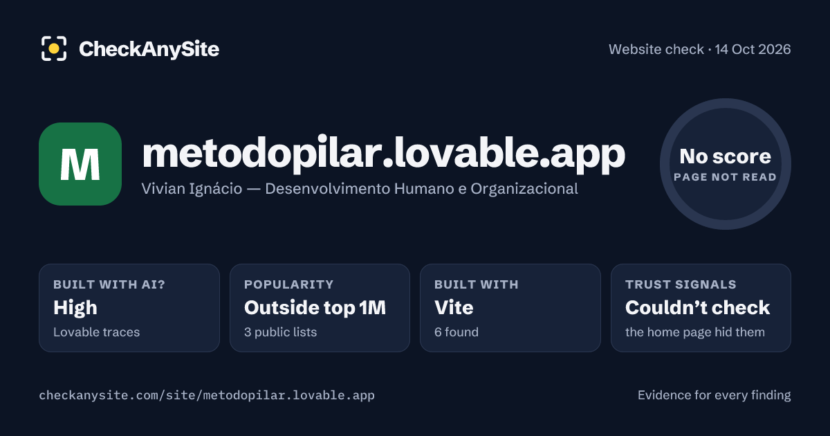 metodopilar.lovable.app on CheckAnySite: AI traces high, popularity Outside top 1M, no score.