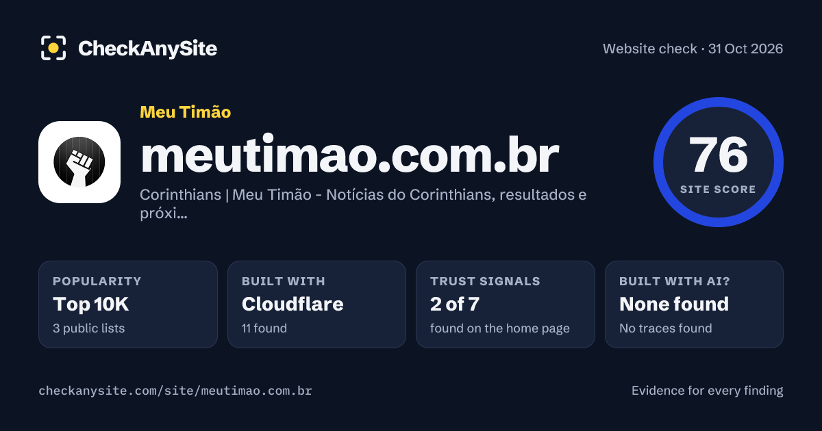 meutimao.com.br on CheckAnySite: AI traces none found, popularity Top 10K, site score 76 of 100.