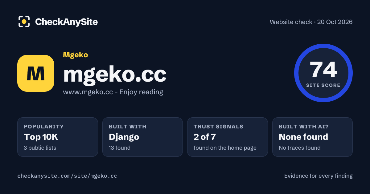 mgeko.cc on CheckAnySite: AI traces none found, popularity Top 10K, site score 74 of 100.