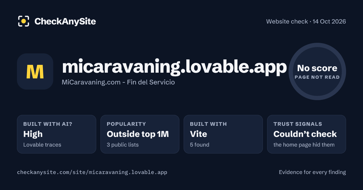 micaravaning.lovable.app on CheckAnySite: AI traces high, popularity Outside top 1M, no score.