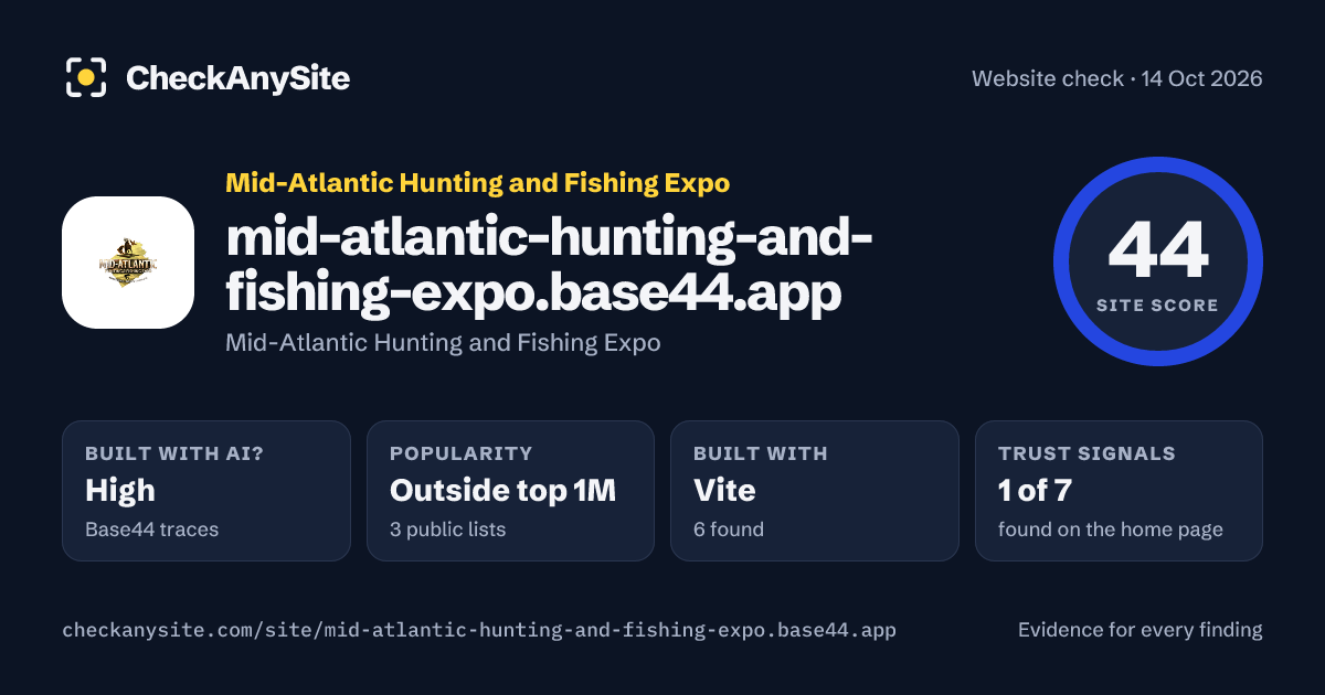 mid-atlantic-hunting-and-fishing-expo.base44.app on CheckAnySite: AI traces high, popularity Outside top 1M, site score 44 of 100.