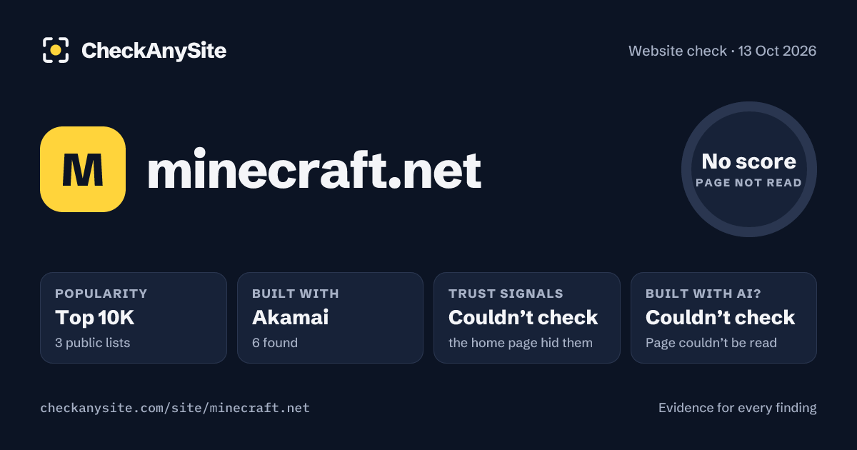 minecraft.net on CheckAnySite: AI traces couldn’t check, popularity Top 10K, no score.