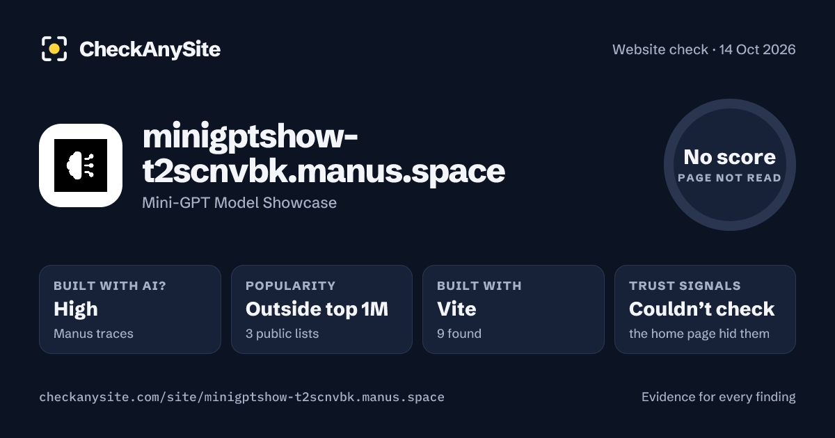 minigptshow-t2scnvbk.manus.space on CheckAnySite: AI traces high, popularity Outside top 1M, no score.