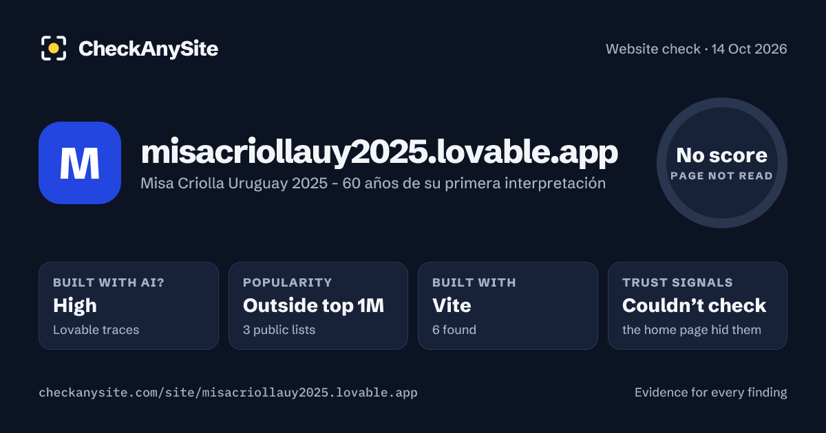 misacriollauy2025.lovable.app on CheckAnySite: AI traces high, popularity Outside top 1M, no score.