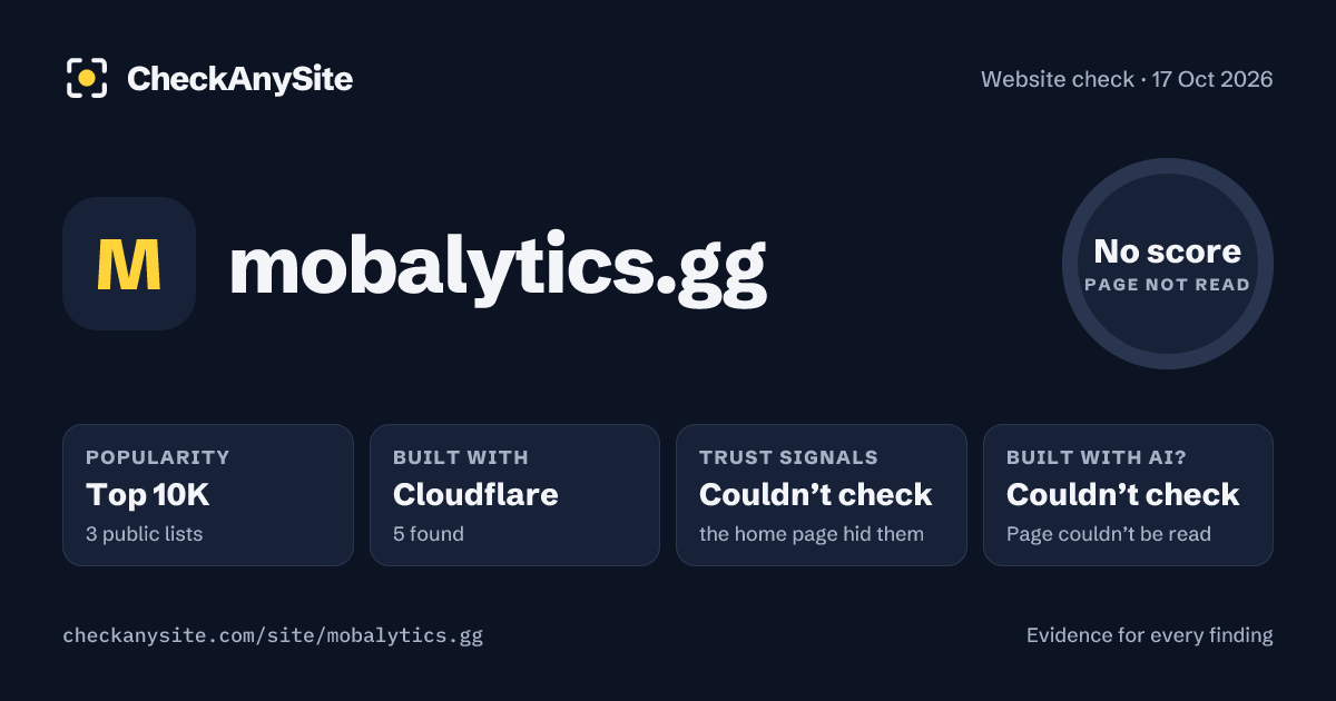 mobalytics.gg on CheckAnySite: AI traces couldn’t check, popularity Top 10K, no score.