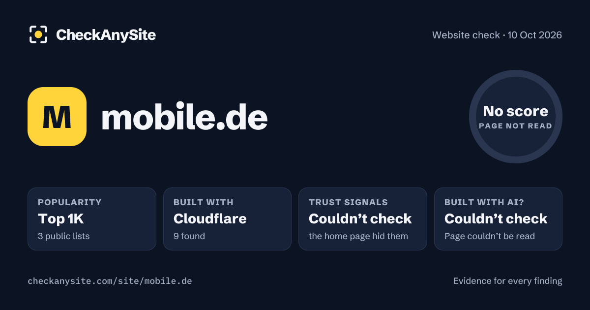 mobile.de on CheckAnySite: AI traces couldn’t check, popularity Top 1K, no score.
