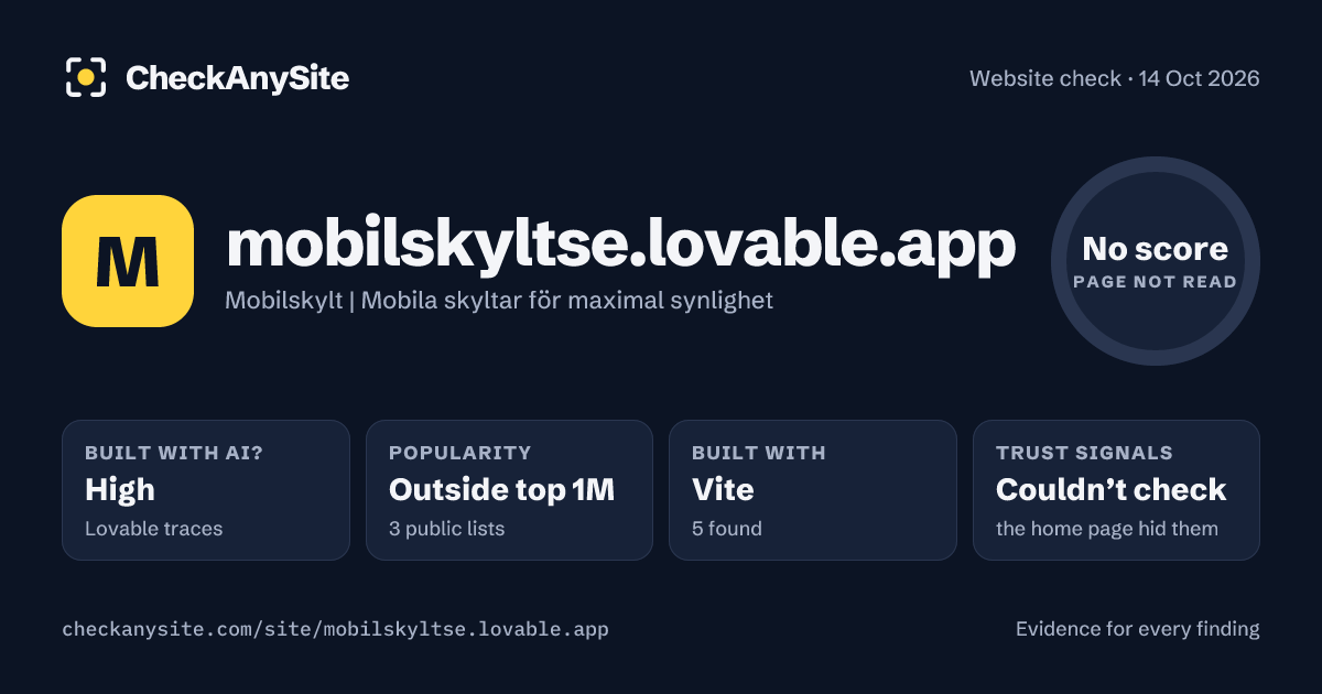 mobilskyltse.lovable.app on CheckAnySite: AI traces high, popularity Outside top 1M, no score.