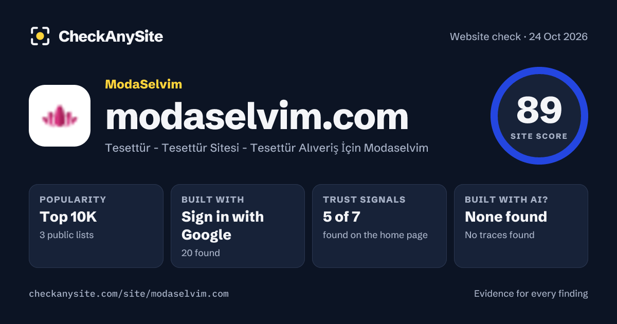modaselvim.com on CheckAnySite: AI traces none found, popularity Top 10K, site score 89 of 100.
